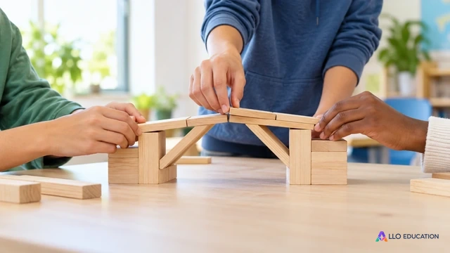 Des mains d’élèves assemblent une construction commune sur une table claire.